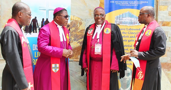 Rev. Dr Paul Kwabena Boafo (2nd from left), the Presiding Bishop of the Methodist Church Ghana, interacting with Rev. Isaac Oduro-Boateng (right), Diocesan Coordinator of Communications and Publications, Accra Diocese. With them is Rt. Rev. Emmanuel Borlabi Bortey (2nd from right), Bishop of Accra, and Very Rev. Eric Amihere (left), Director of Public Relations of the Methodist Church Ghana. Picture: ESTHER ADJORKOR ADJEI 